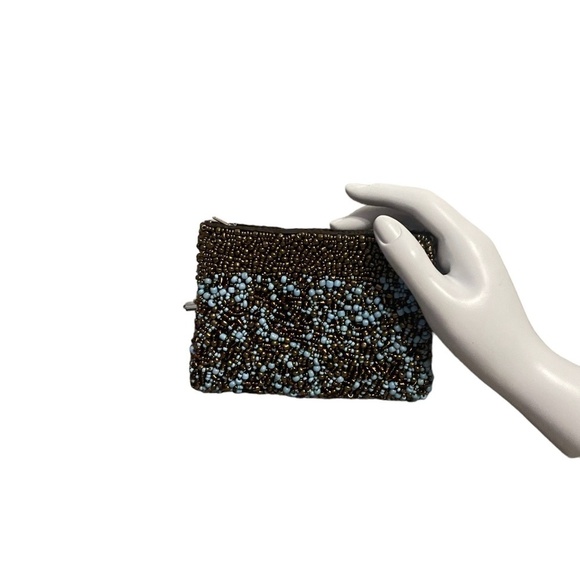 Beaded sky blue and brown beads clutch, Size 8 by 5 - Picture 1 of 8